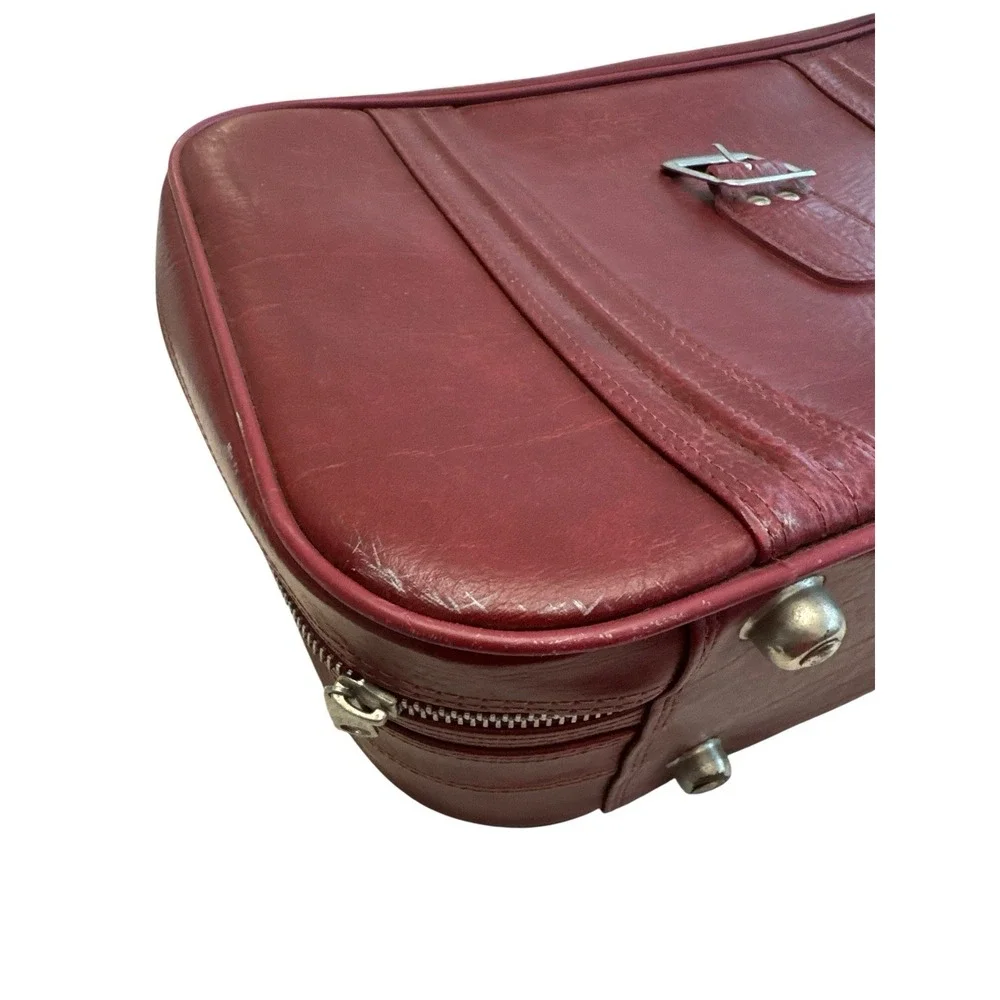 Vintage World Traveler Burgundy Faux Red Leather Luggage Bag Mid Cent Decor Prop